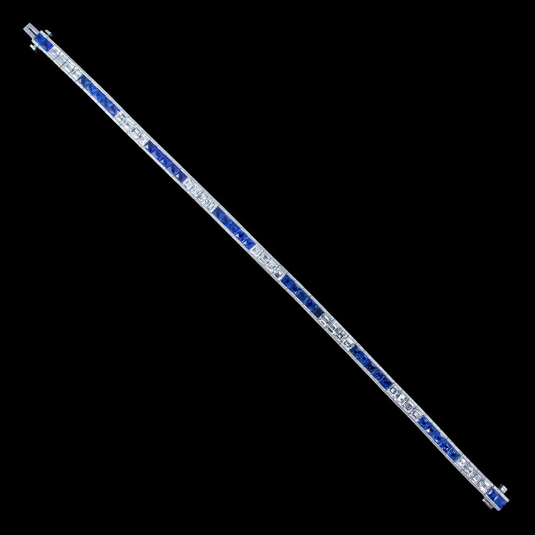 Art Deco Style Sapphire Diamond Line Bracelet Platinum 4.5ct Blue Sapphire 