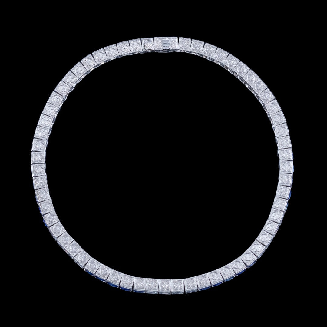 Art Deco Style Sapphire Diamond Line Bracelet Platinum 4.5ct Blue Sapphire 