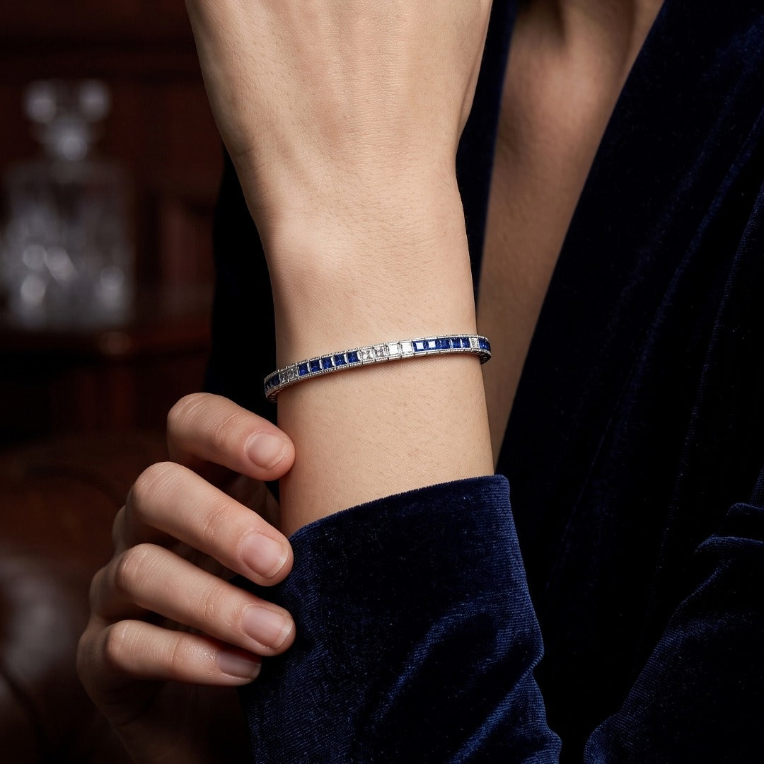 Art Deco Style Sapphire Diamond Line Bracelet Platinum 4.5ct Blue Sapphire 