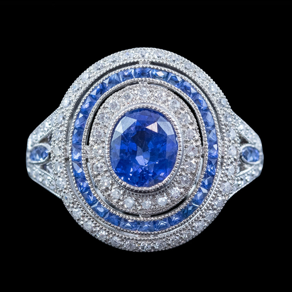 Art Deco Style Sapphire Diamond Cluster Cocktail Ring 1.6ct Of Sapphire