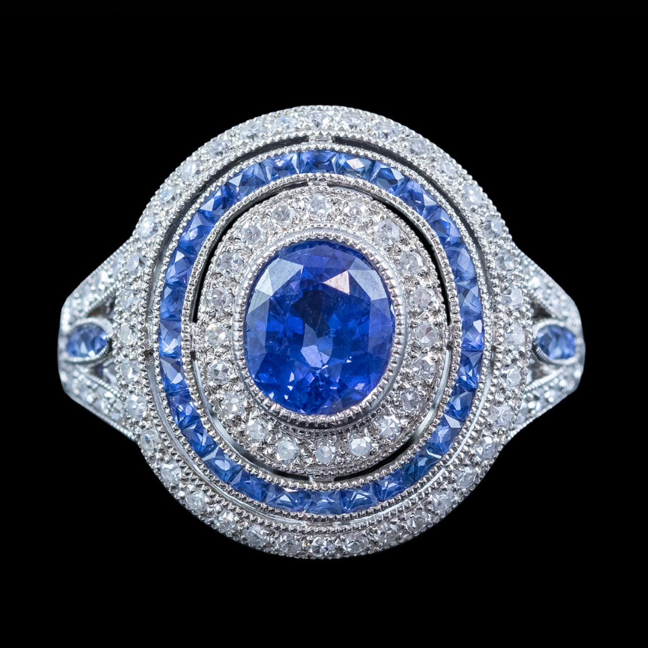 Art Deco Style Sapphire Diamond Cluster Cocktail Ring 1.6ct Of Sapphire