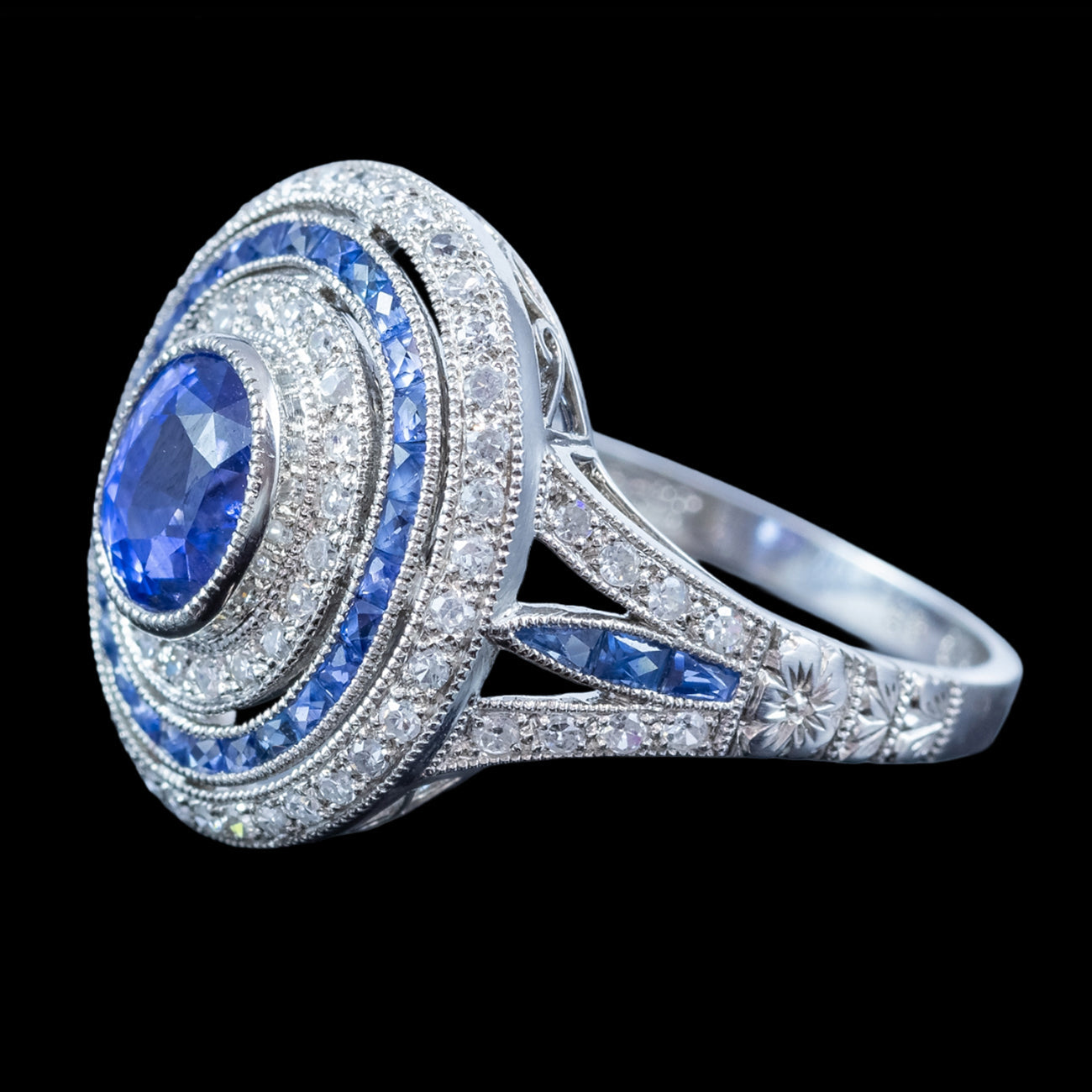 Art Deco Style Sapphire Diamond Cluster Cocktail Ring 1.6ct Of Sapphire