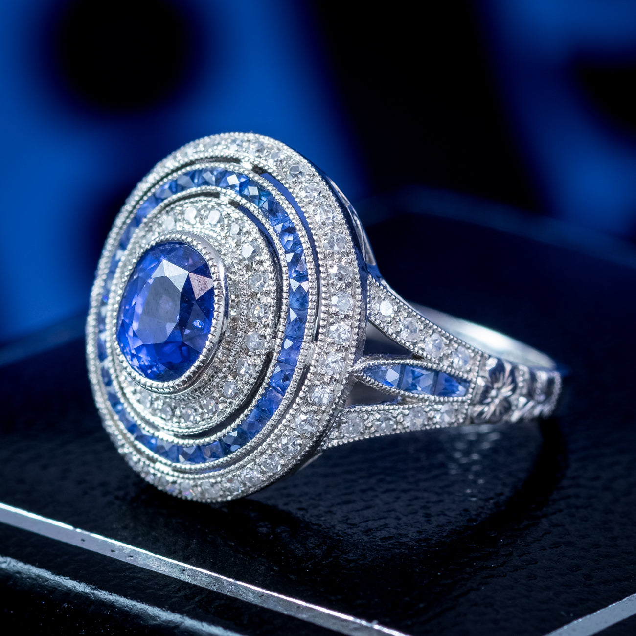 Art Deco Style Sapphire Diamond Cluster Cocktail Ring 1.6ct Of Sapphire