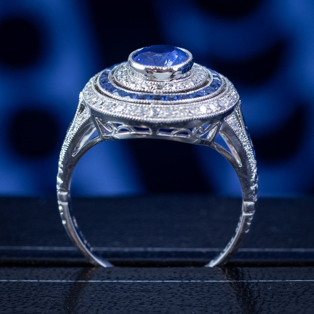 Art Deco Style Sapphire Diamond Cluster Cocktail Ring 1.6ct Of Sapphire