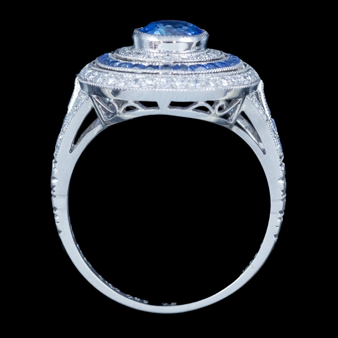 Art Deco Style Sapphire Diamond Cluster Cocktail Ring 1.6ct Of Sapphire