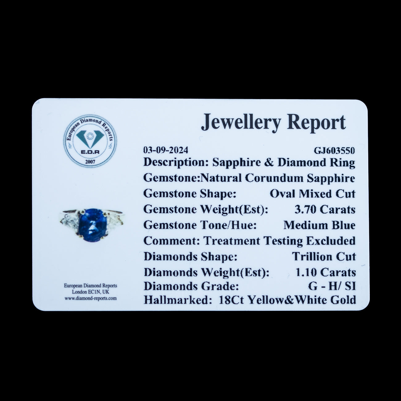 Art Deco Style Sapphire Diamond Trilogy Ring 3.7ct Sapphire With Cert
