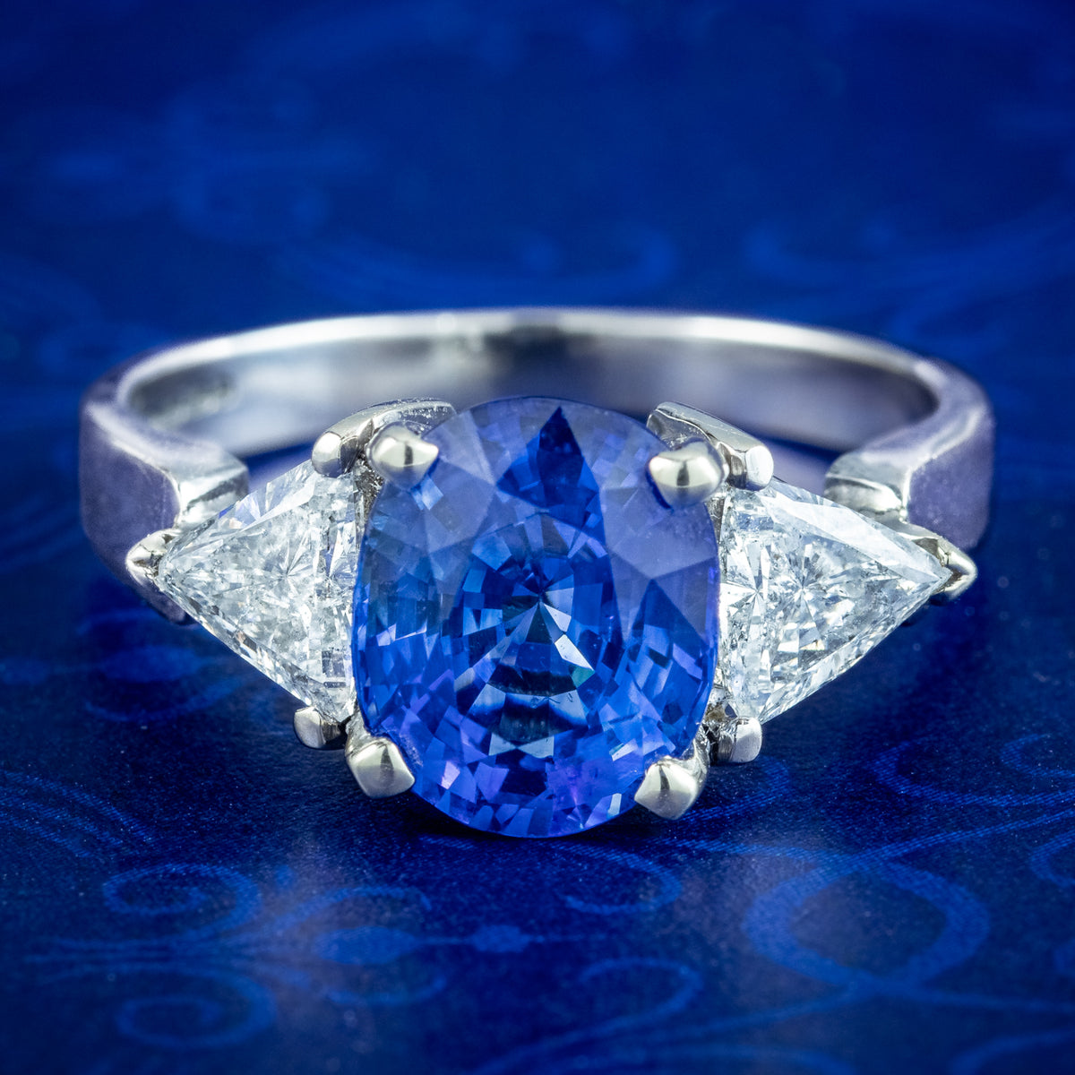 Art Deco Style Sapphire Diamond Trilogy Ring 3.7ct Sapphire With Cert Main image