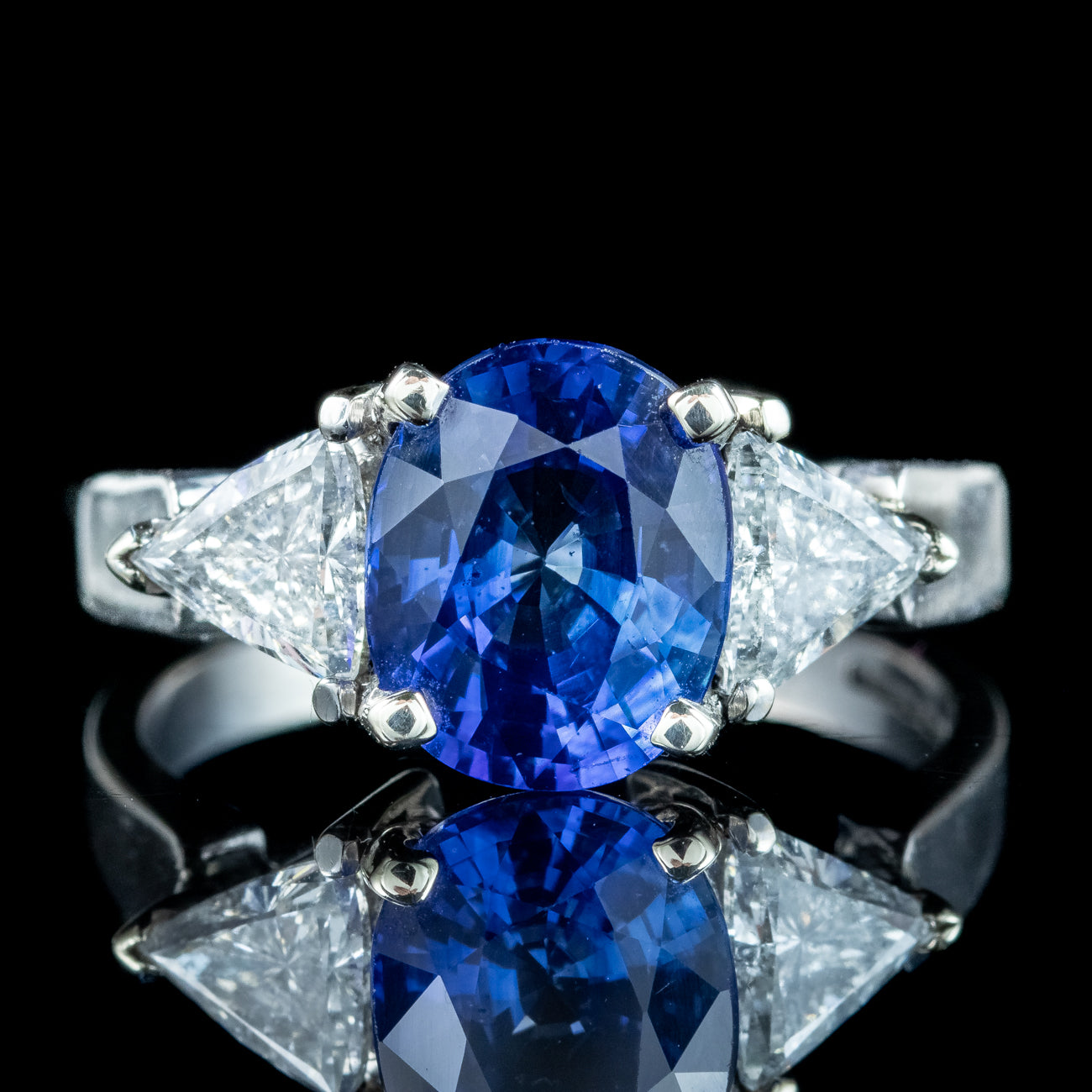 Art Deco Style Sapphire Diamond Trilogy Ring 3.7ct Sapphire With Cert Secondary image