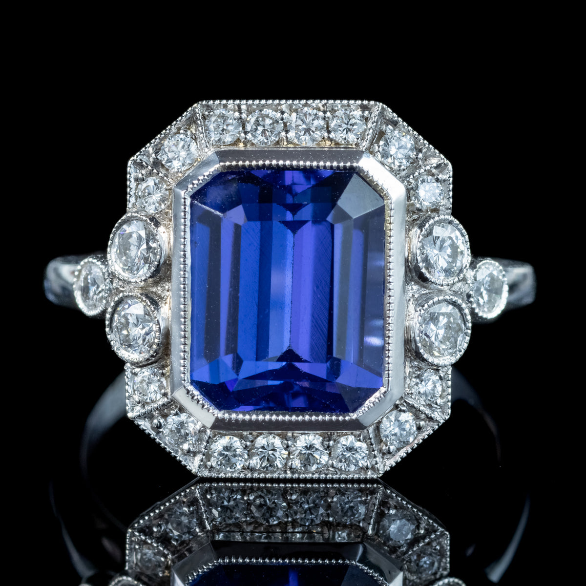 Art Deco Style Tanzanite Diamond Cluster Ring 3.55ct Tanzanite 