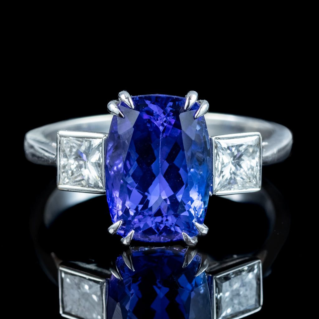 Art Deco Style Tanzanite Diamond Trilogy Ring 4.29ct Tanzanite 