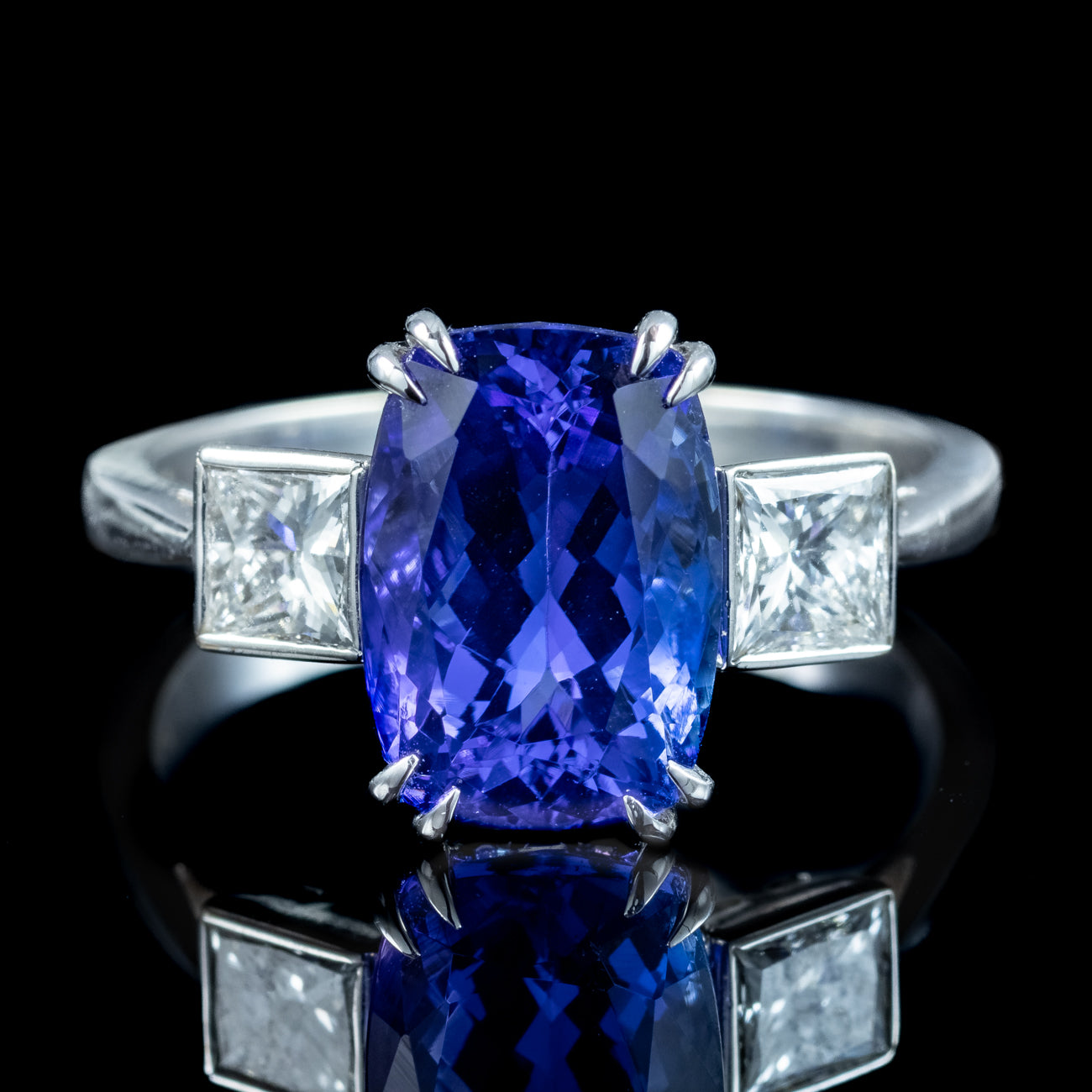 Art Deco Style Tanzanite Diamond Trilogy Ring 4.29ct Tanzanite 