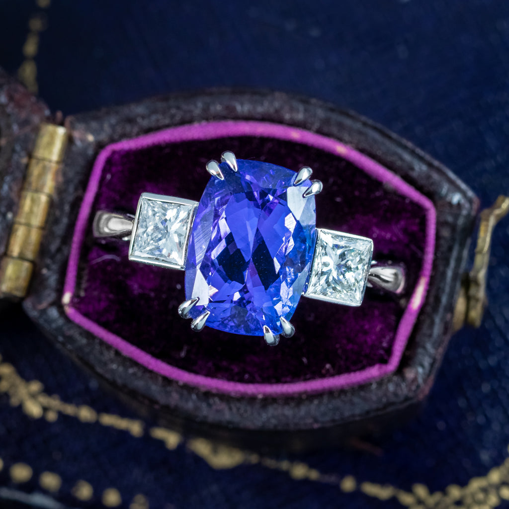 Art Deco Style Tanzanite Diamond Trilogy Ring 4.29ct Tanzanite 