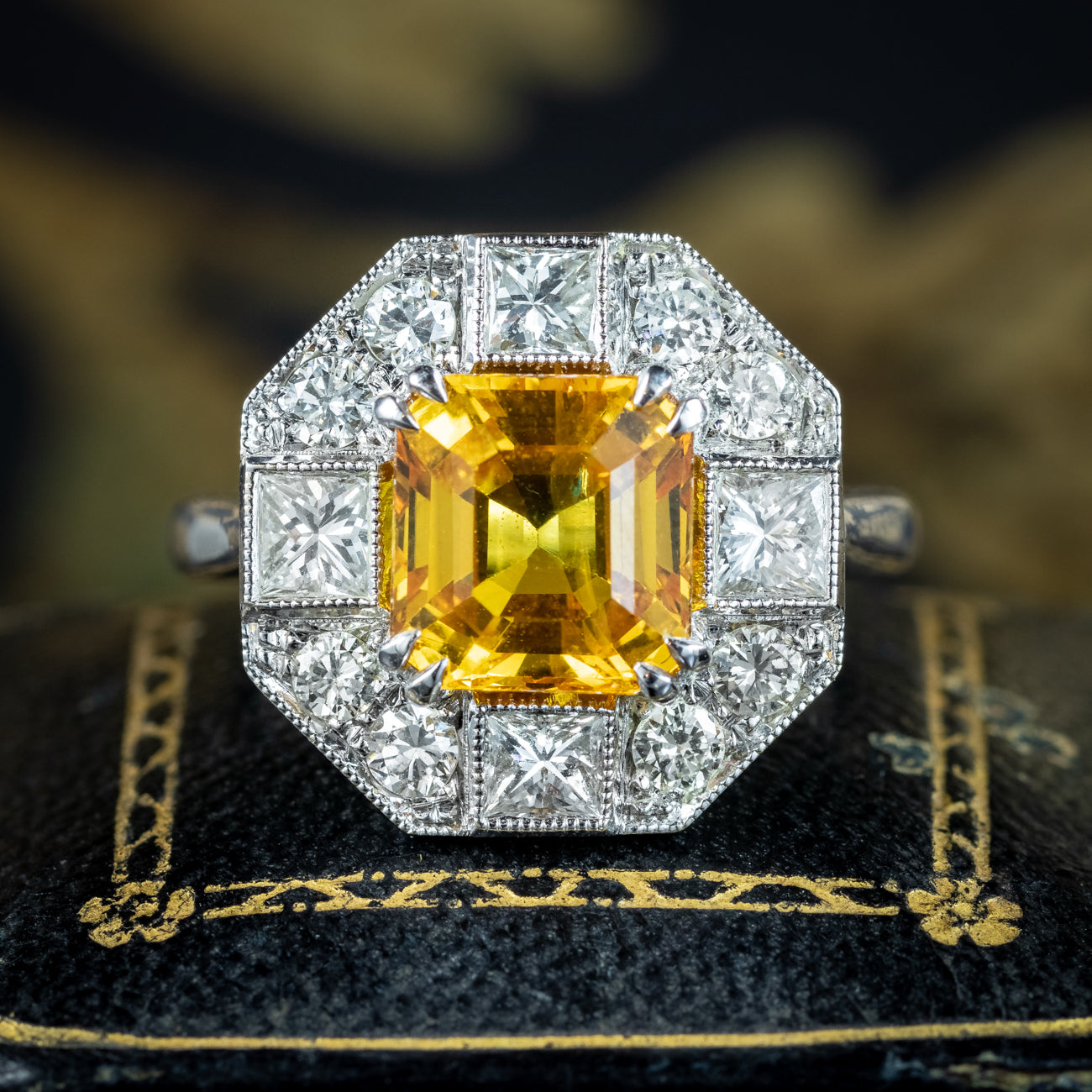 Art Deco Style Yellow Sapphire Diamond Cluster Ring 3.78ct Sapphire Secondary image