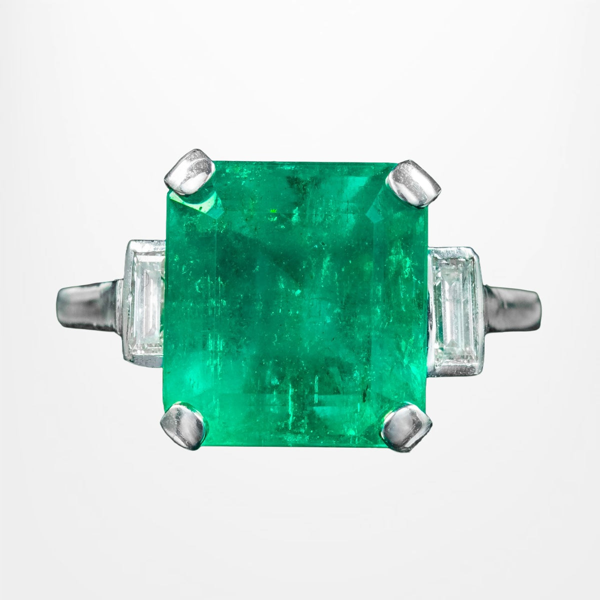 Art Deco Emerald Diamond Trilogy Ring 7.24ct Colombian Emerald With Cert