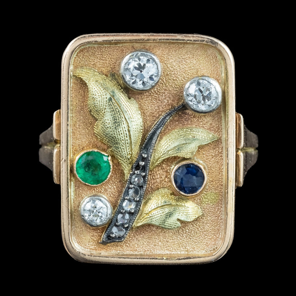 Art Deco Floral Cocktail Ring Diamond Emerald Sapphire 