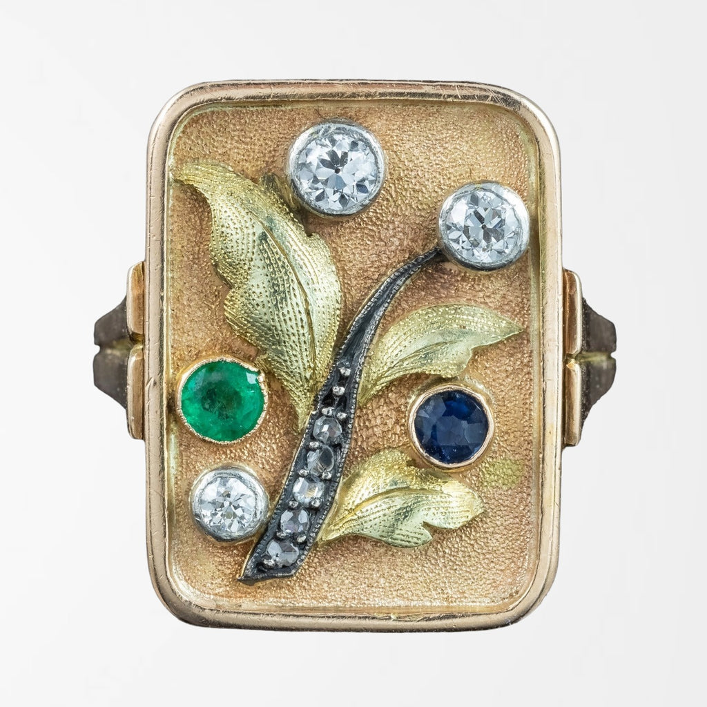 Art Deco Floral Cocktail Ring Diamond Emerald Sapphire
