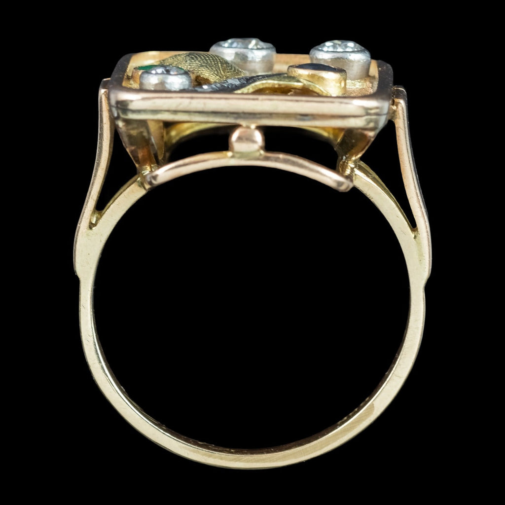 Art Deco Floral Cocktail Ring Diamond Emerald Sapphire 