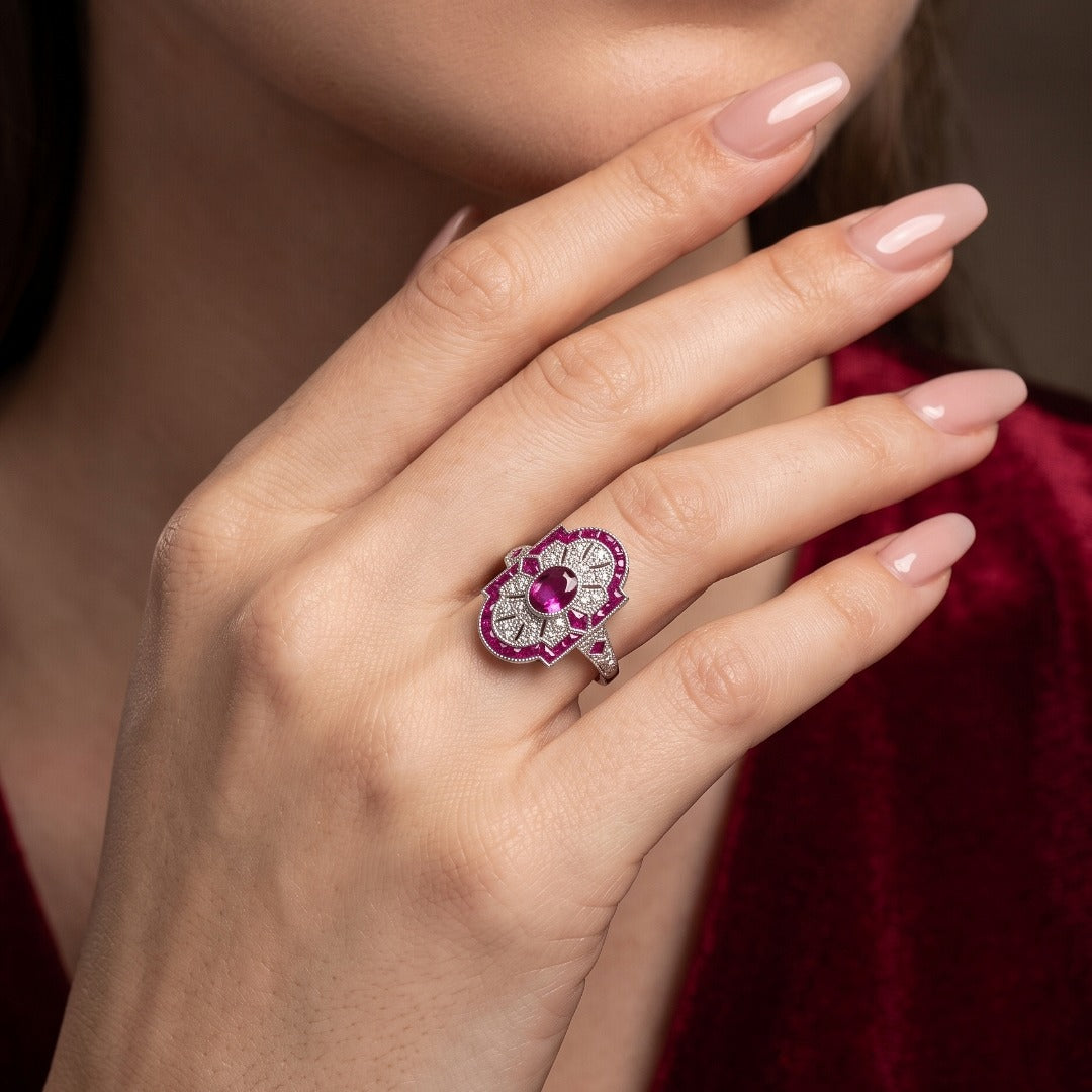 Art Deco Style Ruby Diamond Cluster Ring 1.34ct Of Ruby 