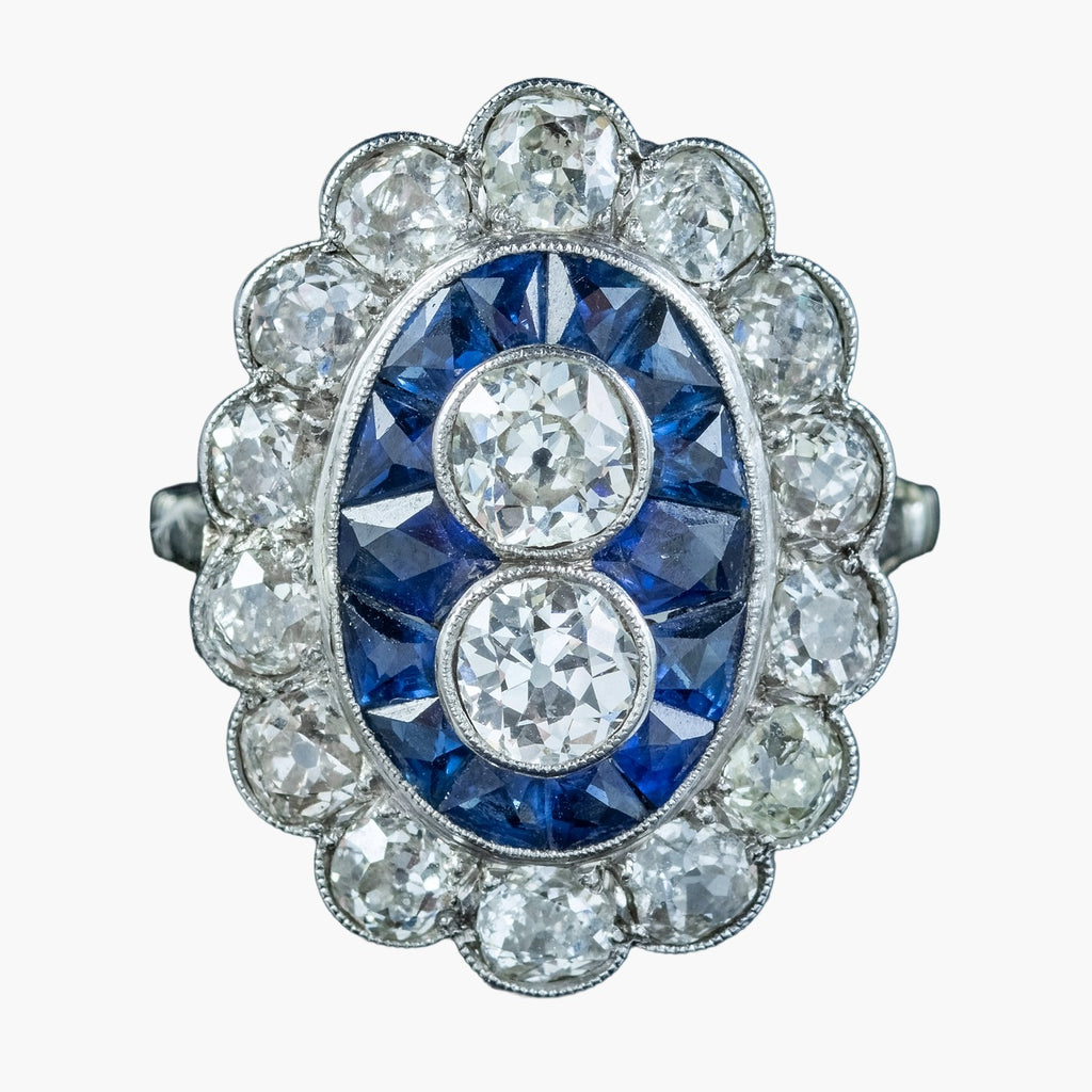 Art Deco French Sapphire Diamond Ring 3.20Ct Of Diamond Circa 1920 Boxed