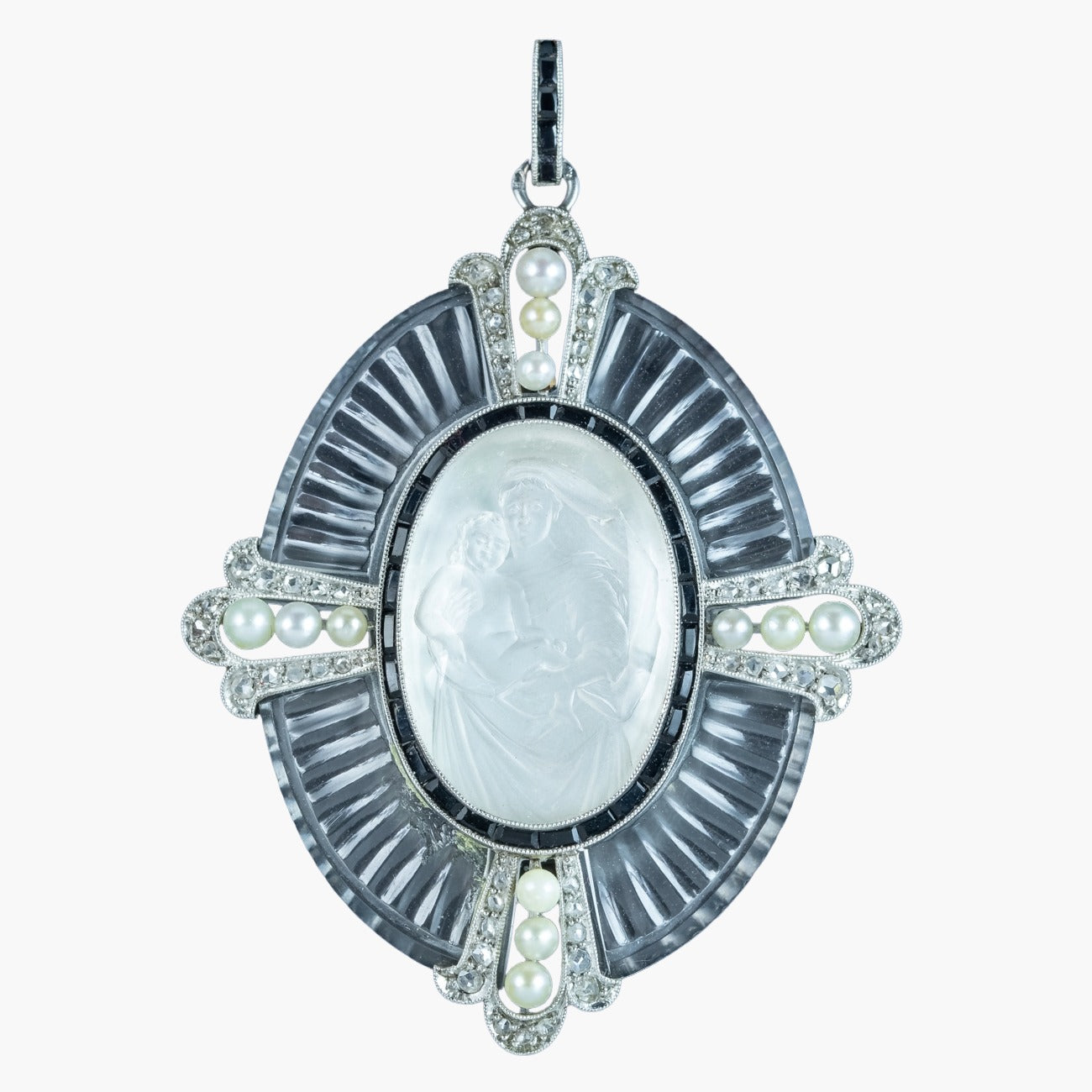 Art Deco Mary And Jesus Crystal Diamond Pearl Cross Pendant With Box Main image