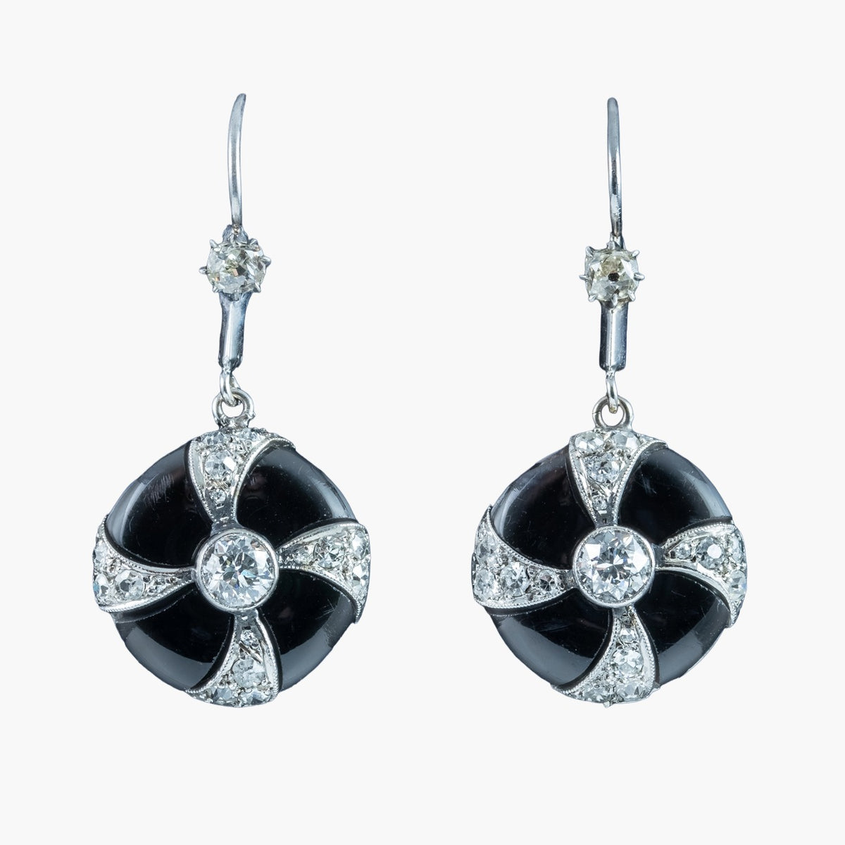 Art Deco Onyx Diamond Drop Earrings Platinum