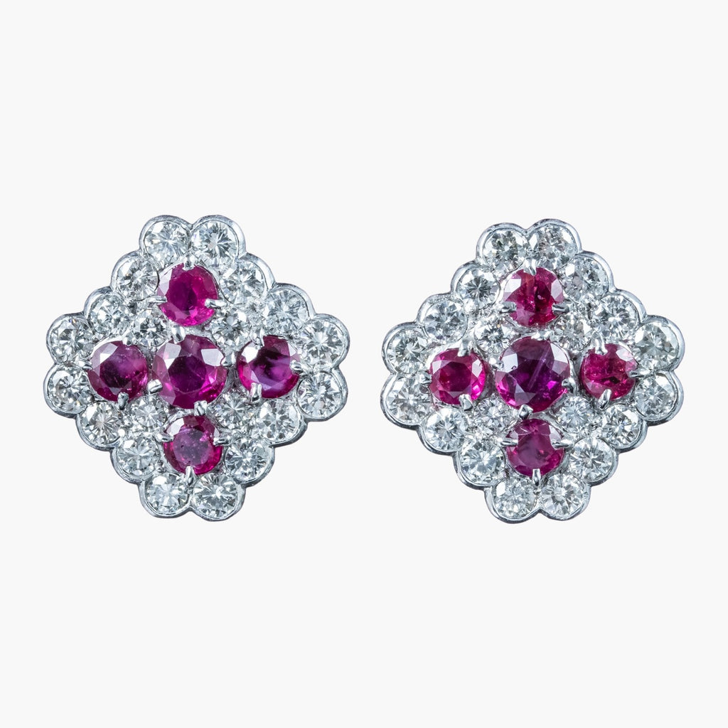 Art Deco Ruby Diamond Cluster Earrings 1.8ct Ruby 4ct Diamond