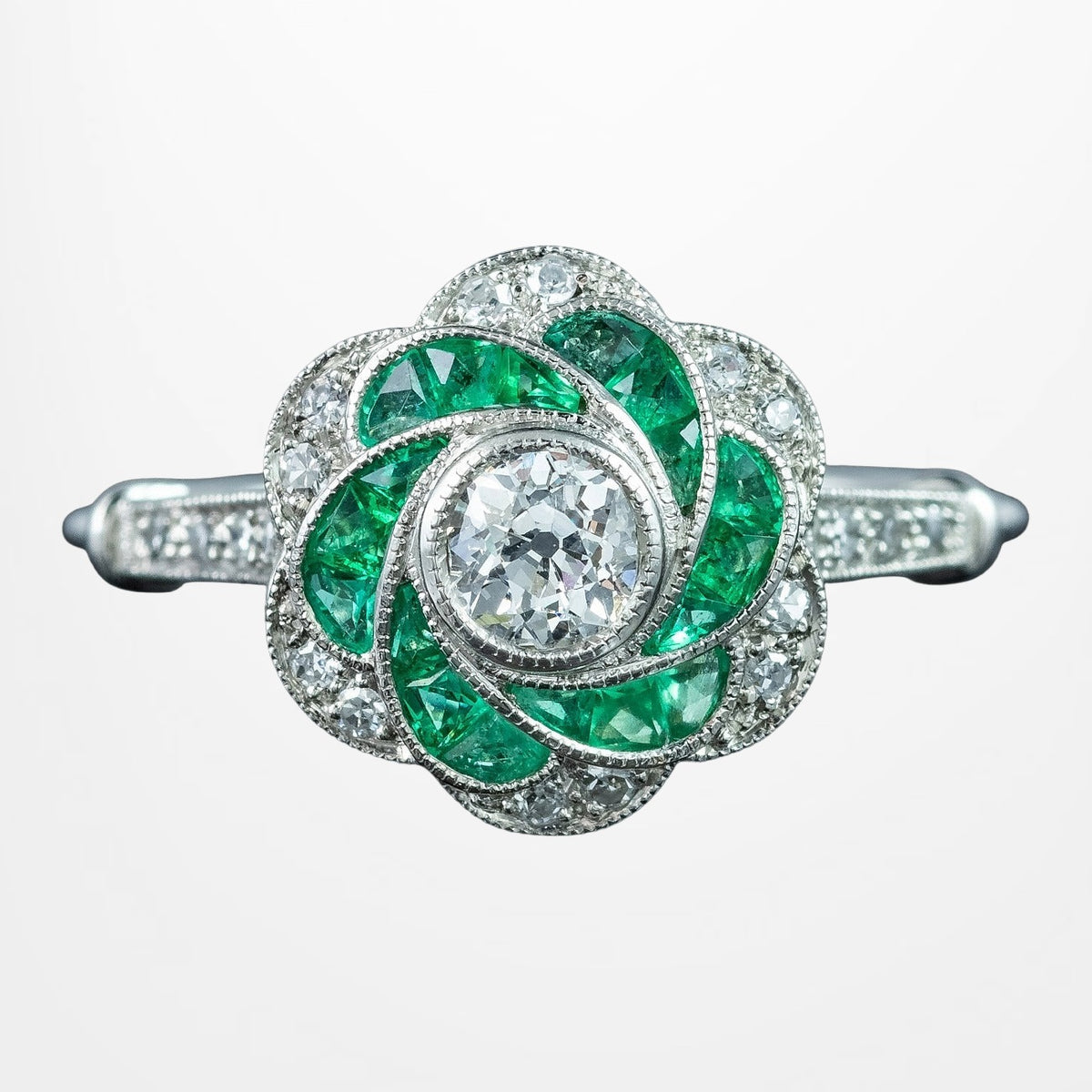 Art Deco Style Diamond Emerald Cluster Ring 0.50ct Diamond Main image