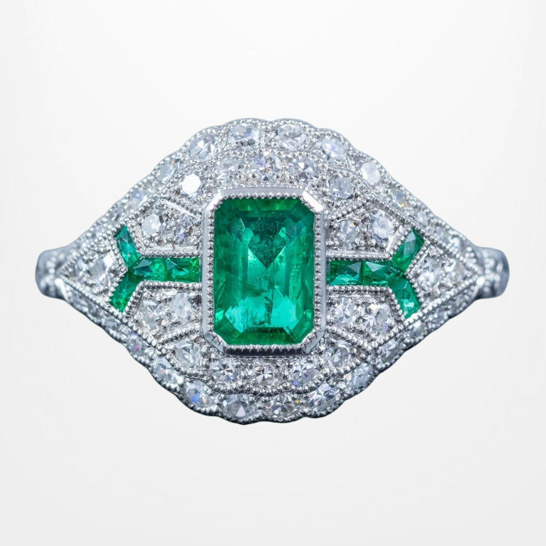 Art Deco Style Emerald Diamond Cluster Ring 0.66ct Emerald Main image