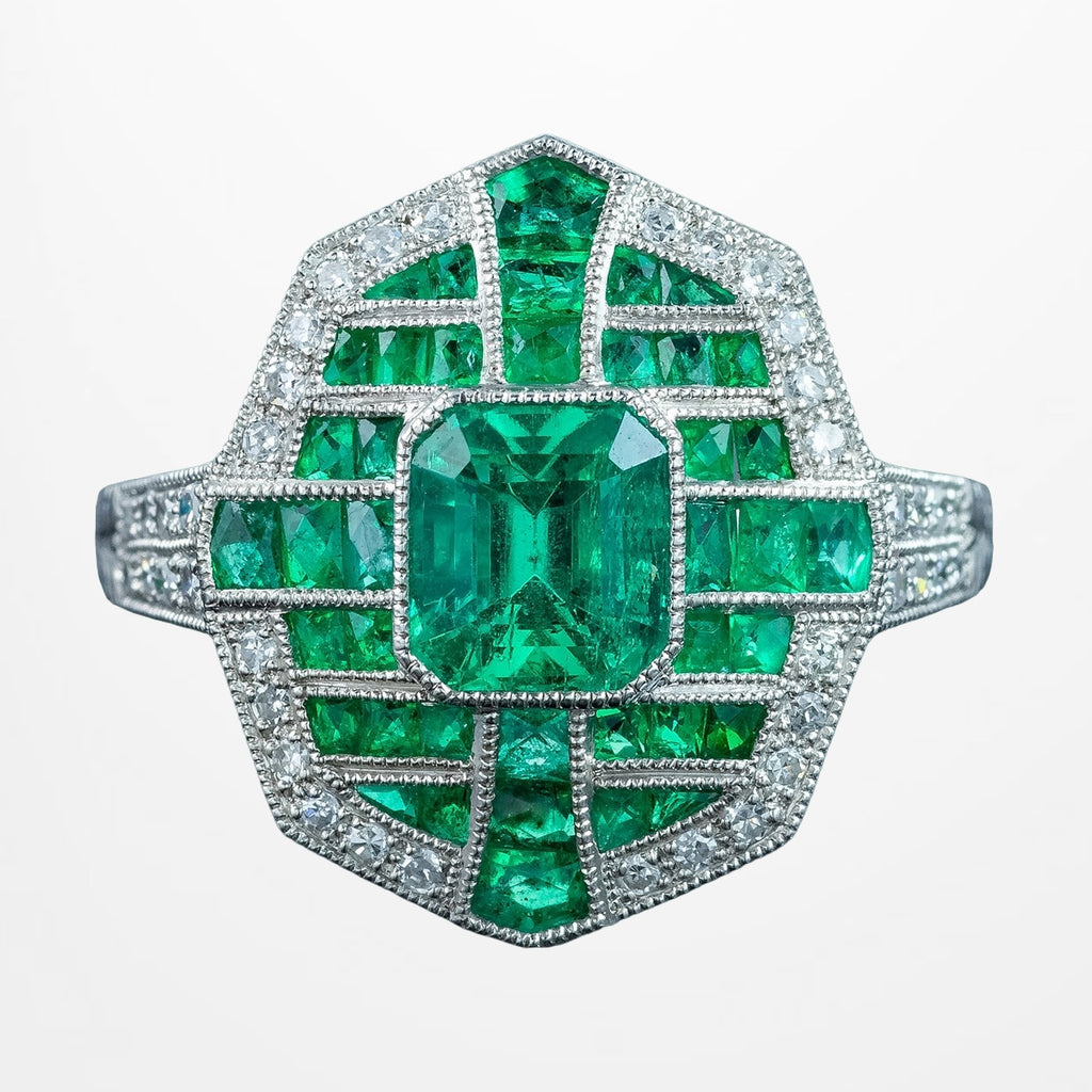 Art Deco Style Emerald Diamond Cluster Ring 1.6ct Of Emerald