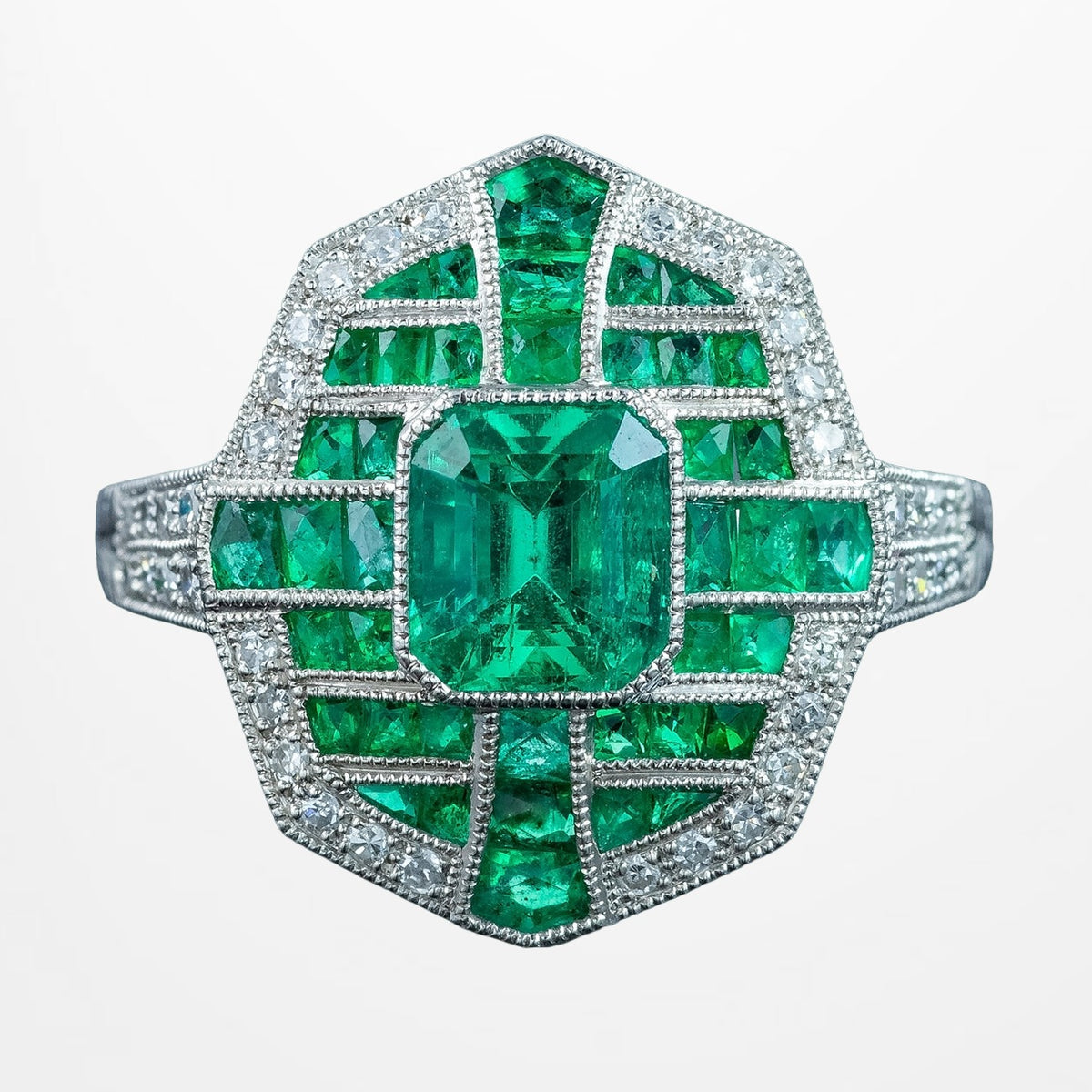 Art Deco Style Emerald Diamond Cluster Ring 1.6ct Of Emerald