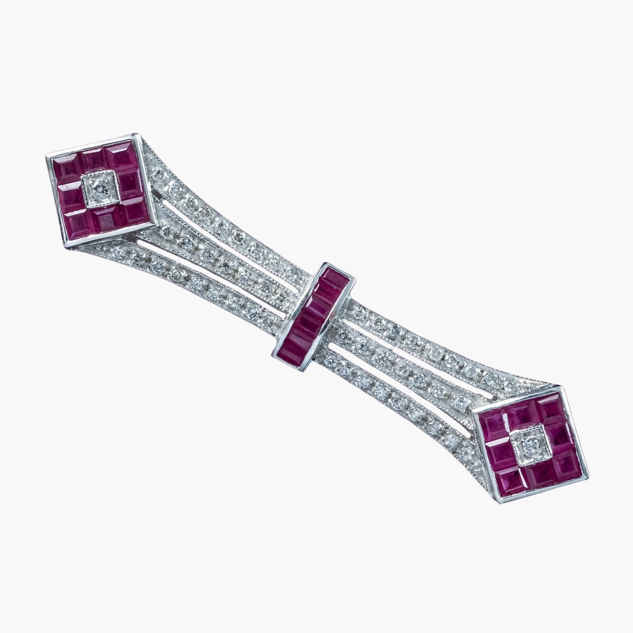 Art Deco Style Ruby Diamond Bar Brooch 18ct Gold Main image
