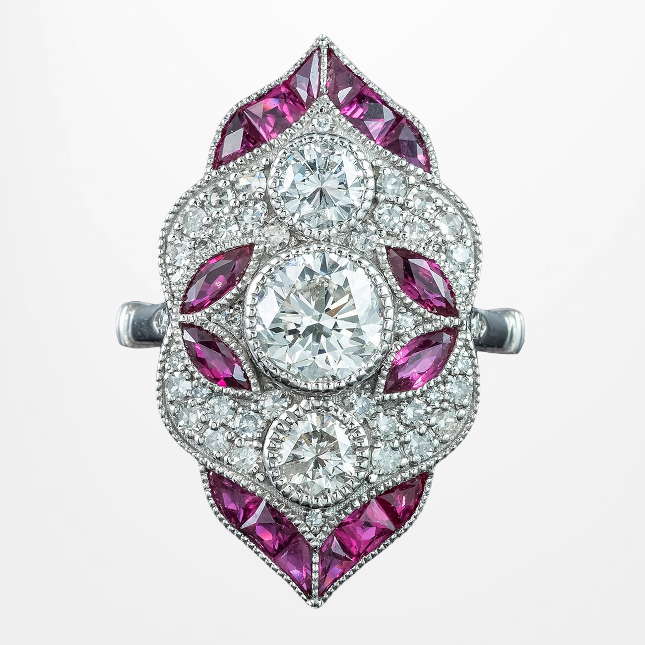 Art Deco Style Ruby Diamond Navette Cluster Ring 1.32ct Diamond Main image