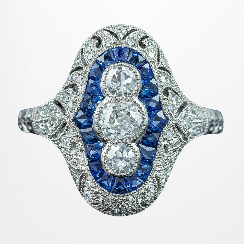 Art Deco Style Sapphire Diamond Cluster Ring 0.65ct Diamond