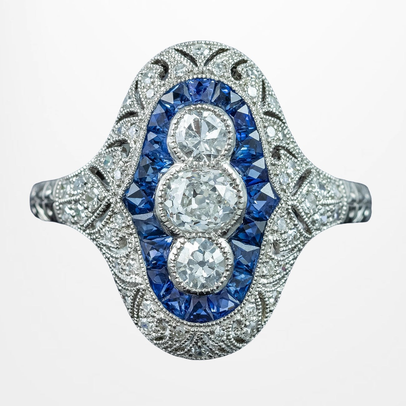 Art Deco Style Sapphire Diamond Cluster Ring 0.65ct Diamond