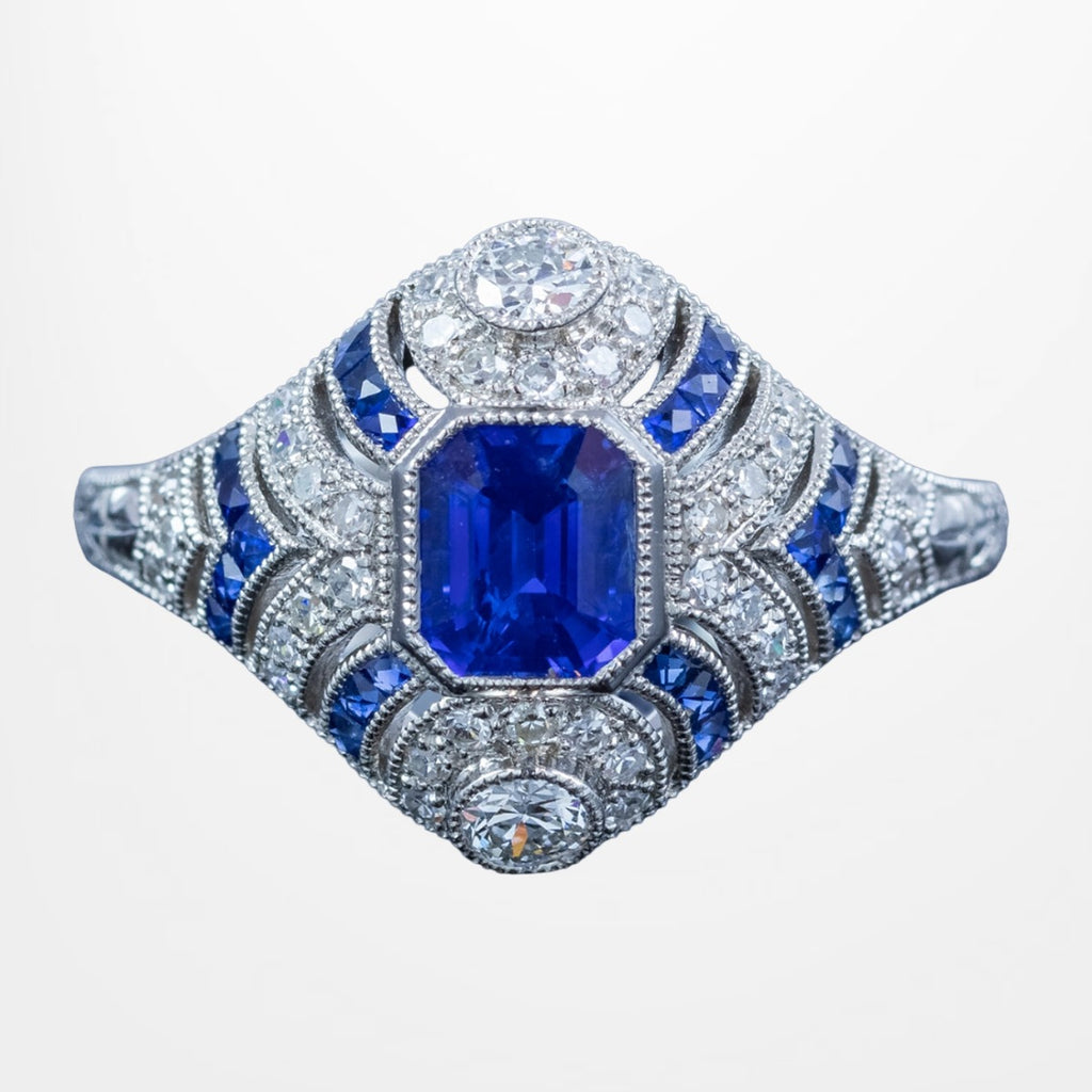 Art Deco Style Sapphire Diamond Cluster Ring 1.03ct Blue Sapphire