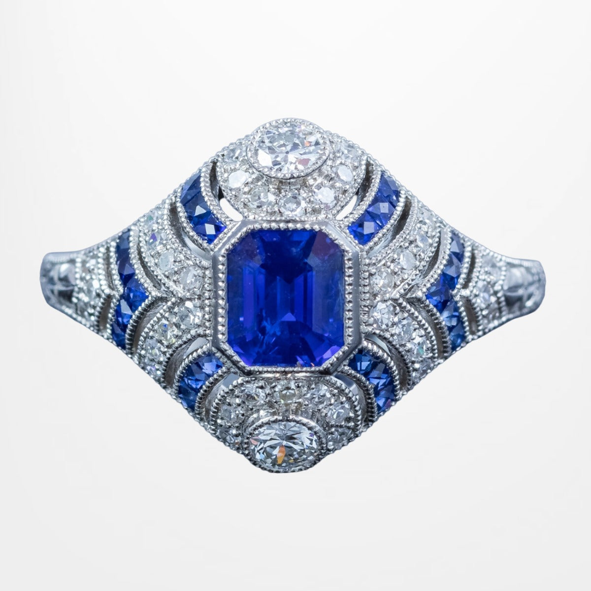 Art Deco Style Sapphire Diamond Cluster Ring 1.03ct Blue Sapphire