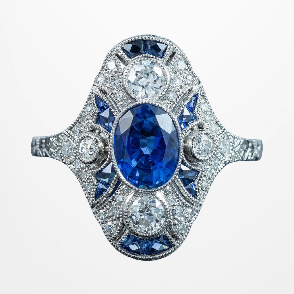 Art Deco Style Sapphire Diamond Cluster Ring 1.38ct Sapphire With Cert