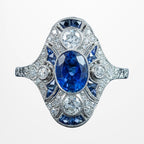 Art Deco Style Sapphire Diamond Cluster Ring 1.38ct Sapphire With Cert