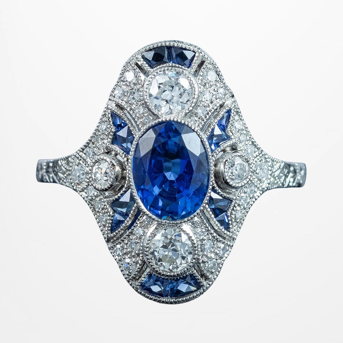 Art Deco Style Sapphire Diamond Cluster Ring 1.38ct Sapphire With Cert