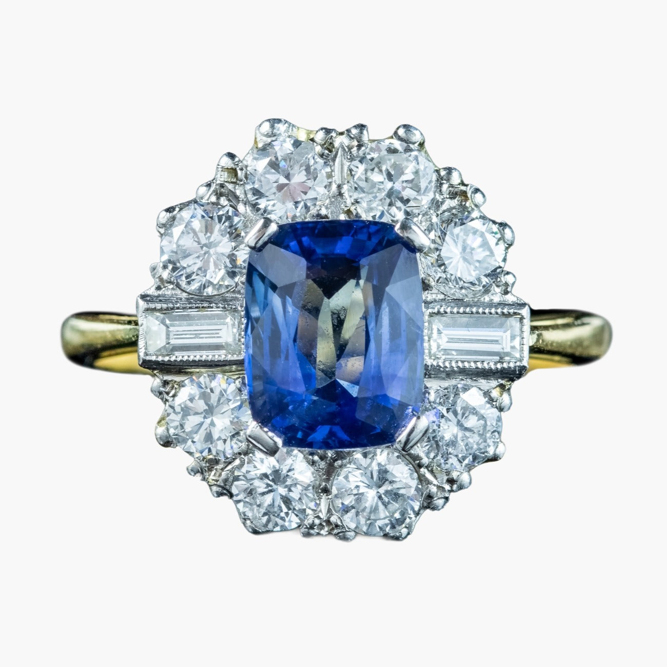 Art Deco Style Sapphire Diamond Cluster Ring 2ct Blue Sapphire