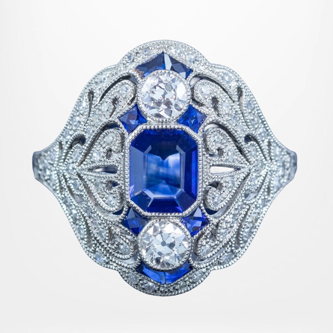 Art Deco Style Sapphire Diamond Cocktail Ring 0.98ct Blue Sapphire