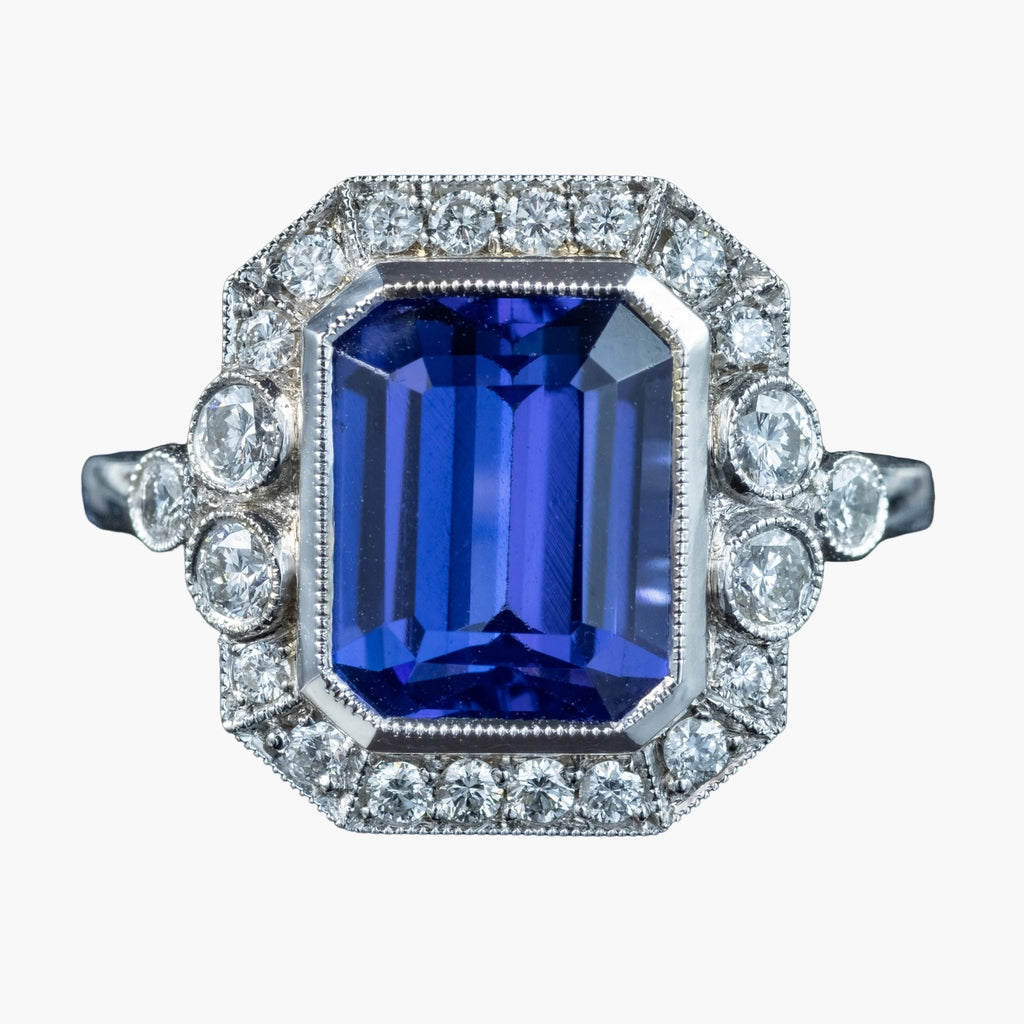 Art Deco Style Tanzanite Diamond Cluster Ring 3.55ct Tanzanite