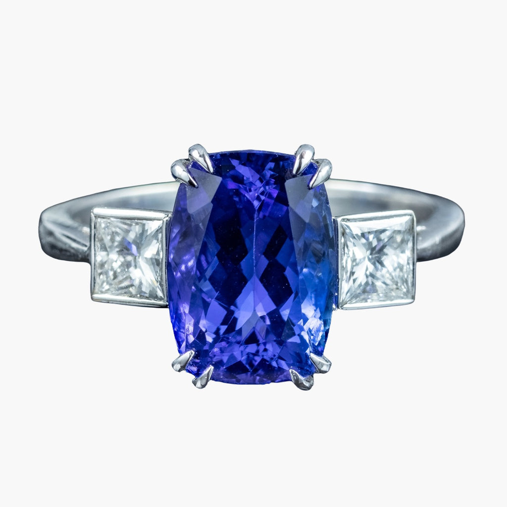 Art Deco Style Tanzanite Diamond Trilogy Ring 4.29ct Tanzanite