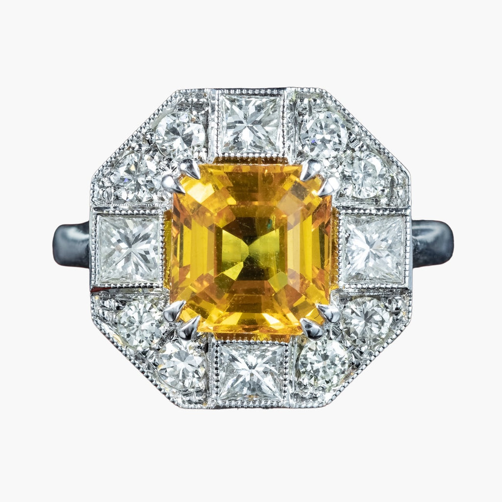 Art Deco Style Yellow Sapphire Diamond Cluster Ring 3.78ct Sapphire