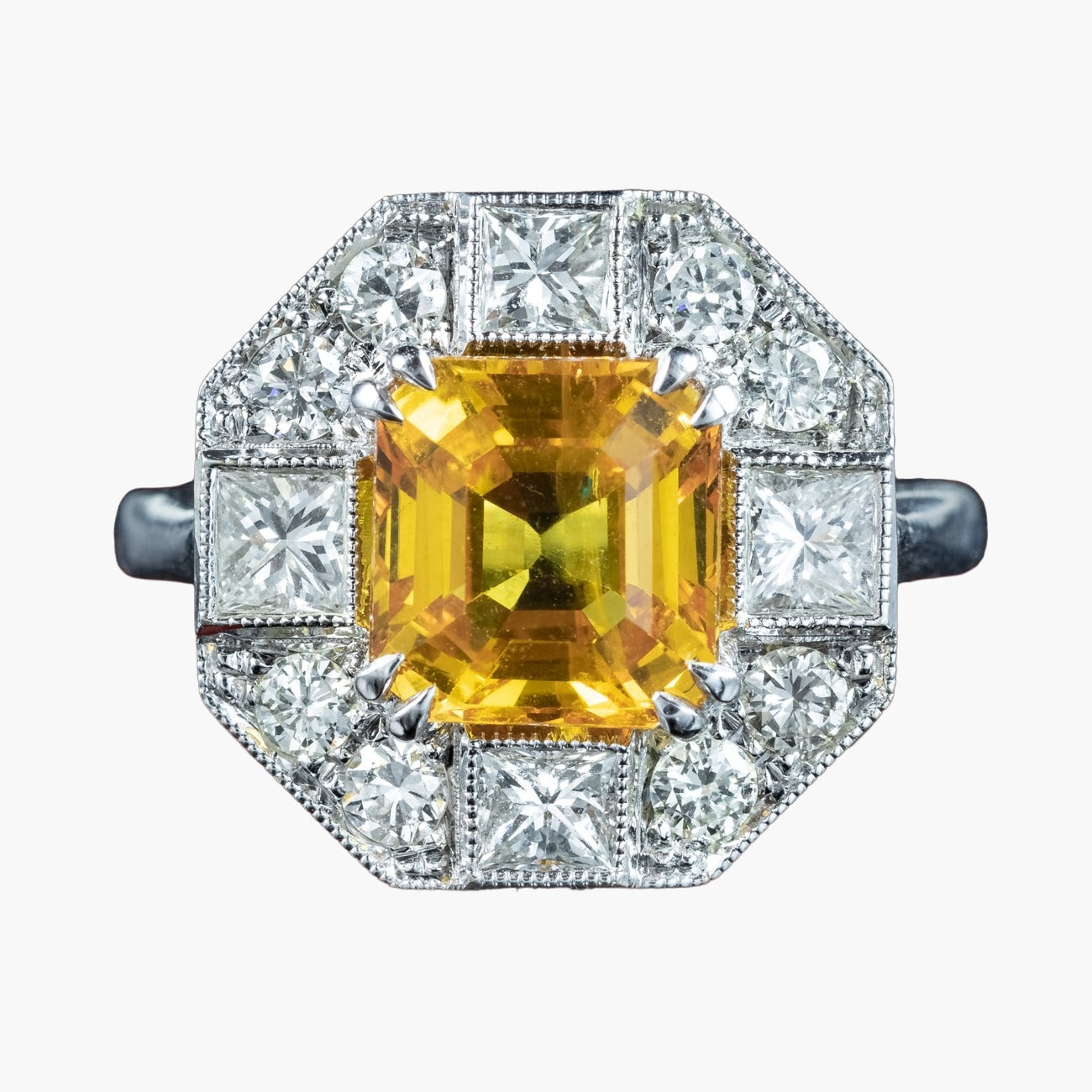 Art Deco Style Yellow Sapphire Diamond Cluster Ring 3.78ct Sapphire