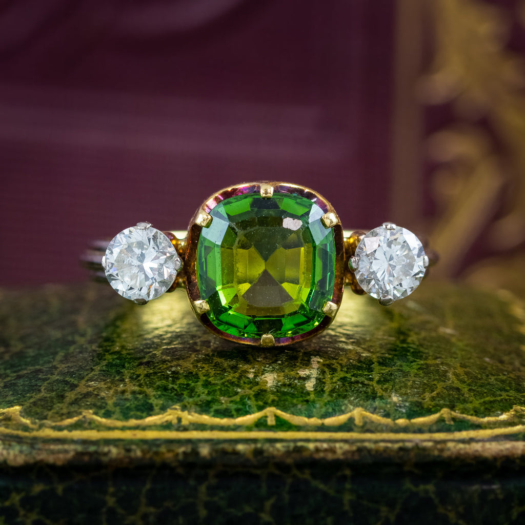 Vintage Green Tourmaline Diamond Trilogy Ring With Box