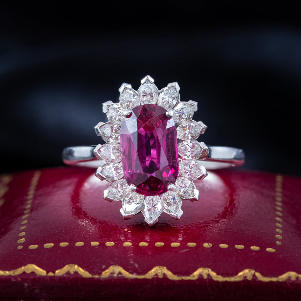 Vintage Ruby Diamond Cluster Ring 2.5ct Ruby With Box