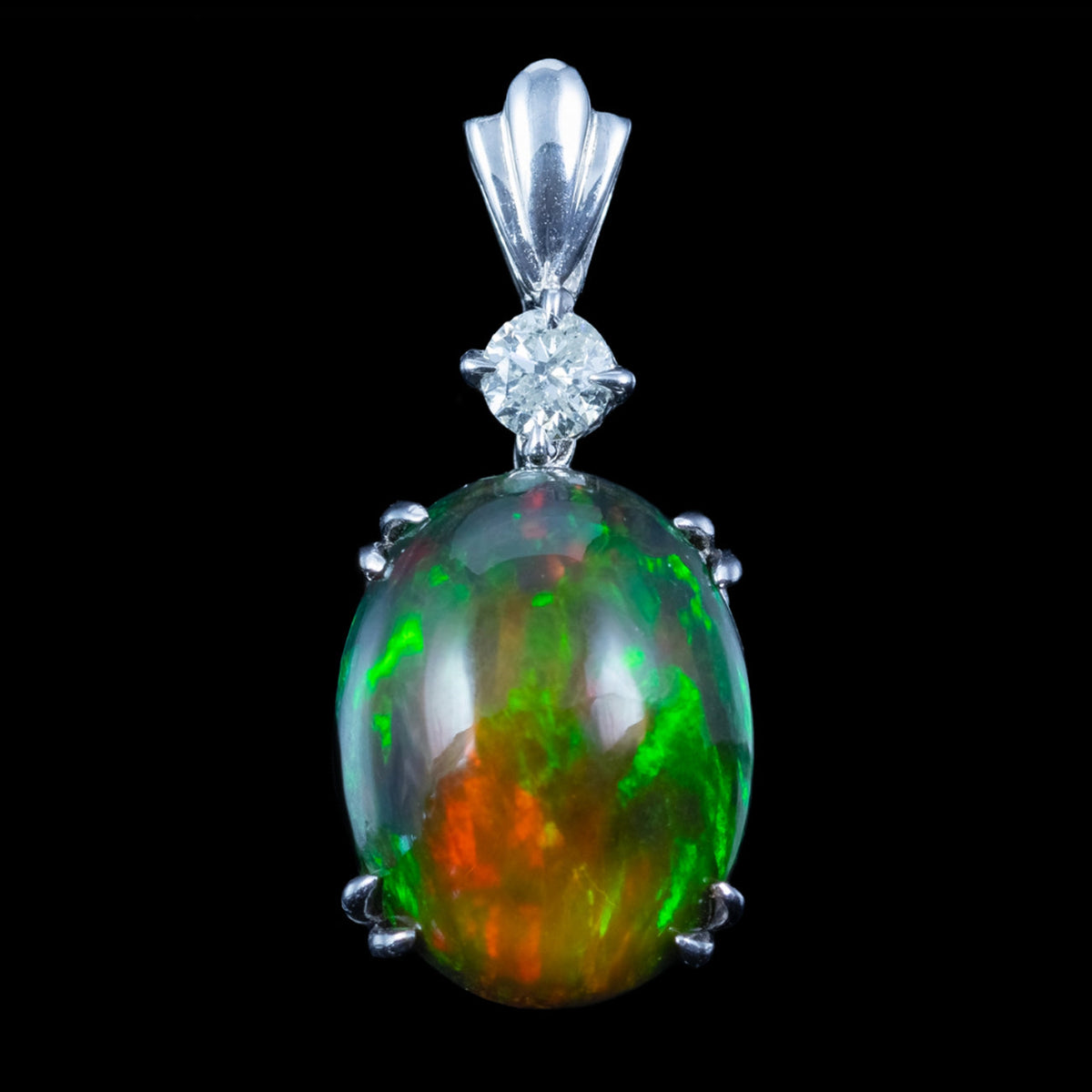 Edwardian Style Black Opal Diamond Pendant 18ct Gold 6.87ct Natural Opal