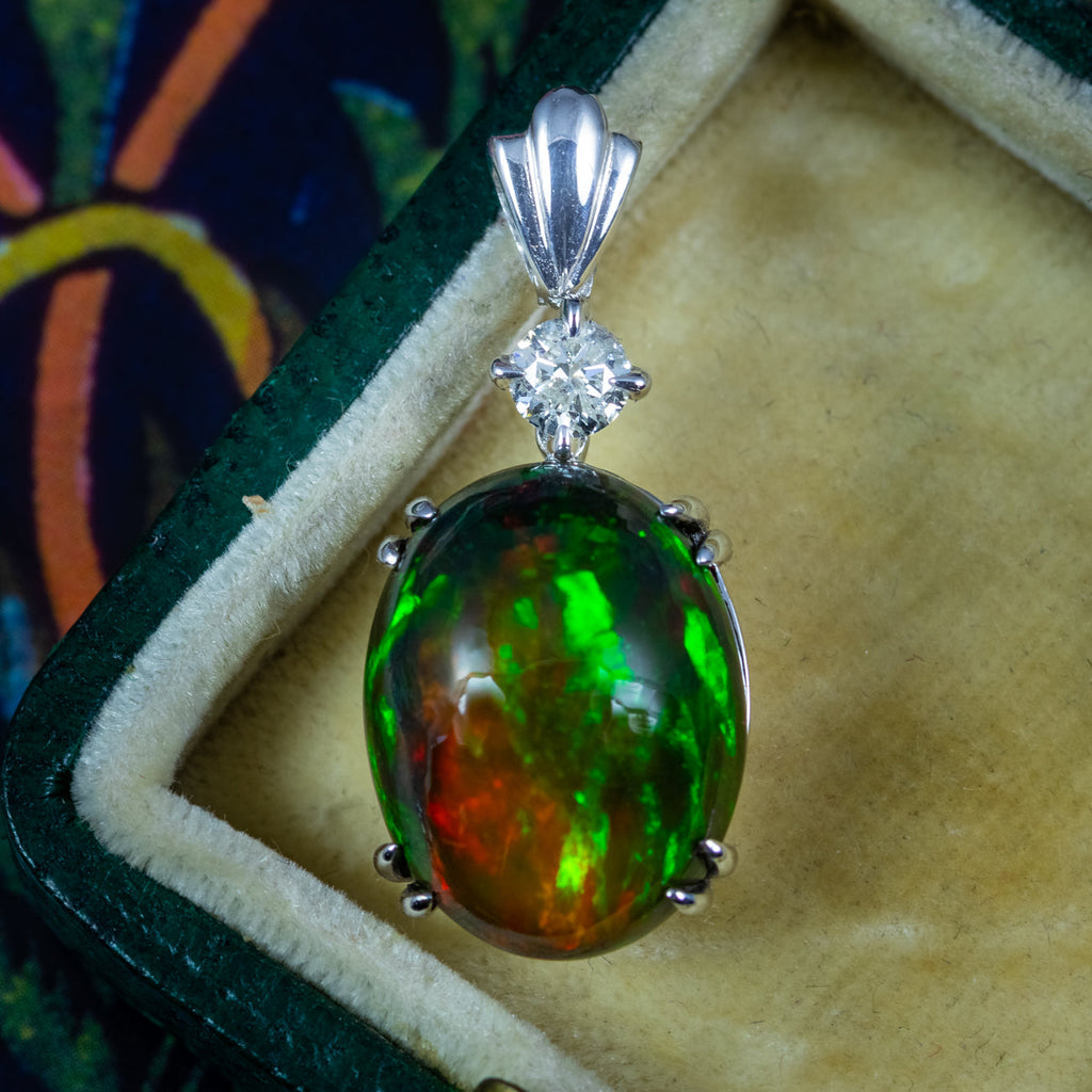 Edwardian Style Black Opal Diamond Pendant 18ct Gold 6.87ct Natural Opal