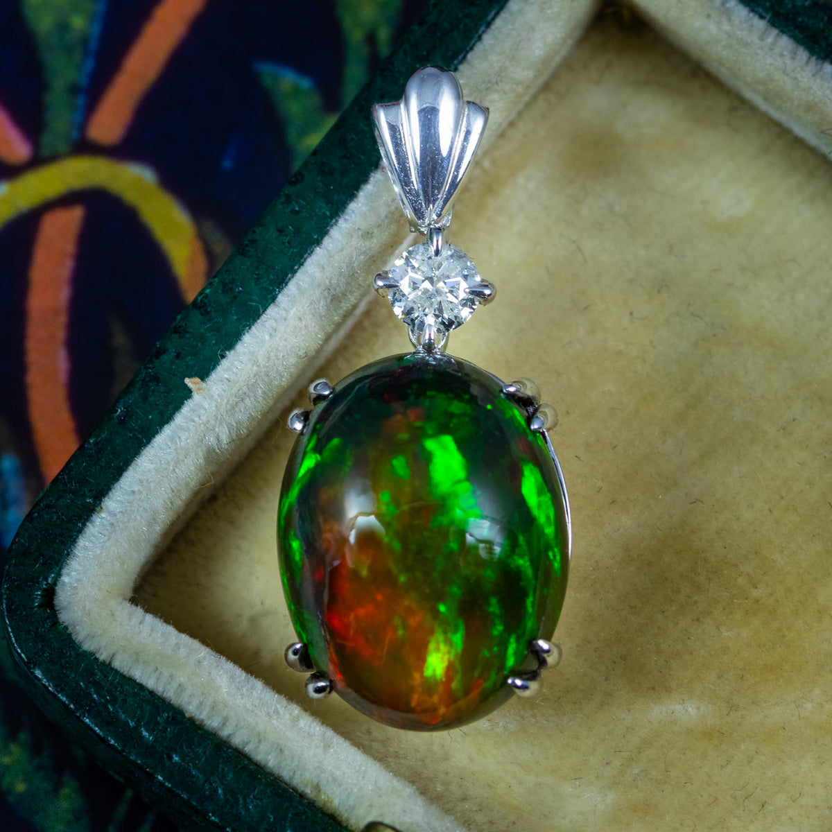 Edwardian Style Black Opal Diamond Pendant 18ct Gold 6.87ct Natural Opal